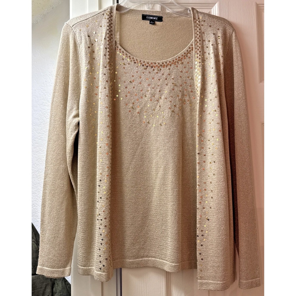 Elementz Gold Metallic Knit Sequin Twin Set Cardigan Tank Top MSOF0483 Mens L
